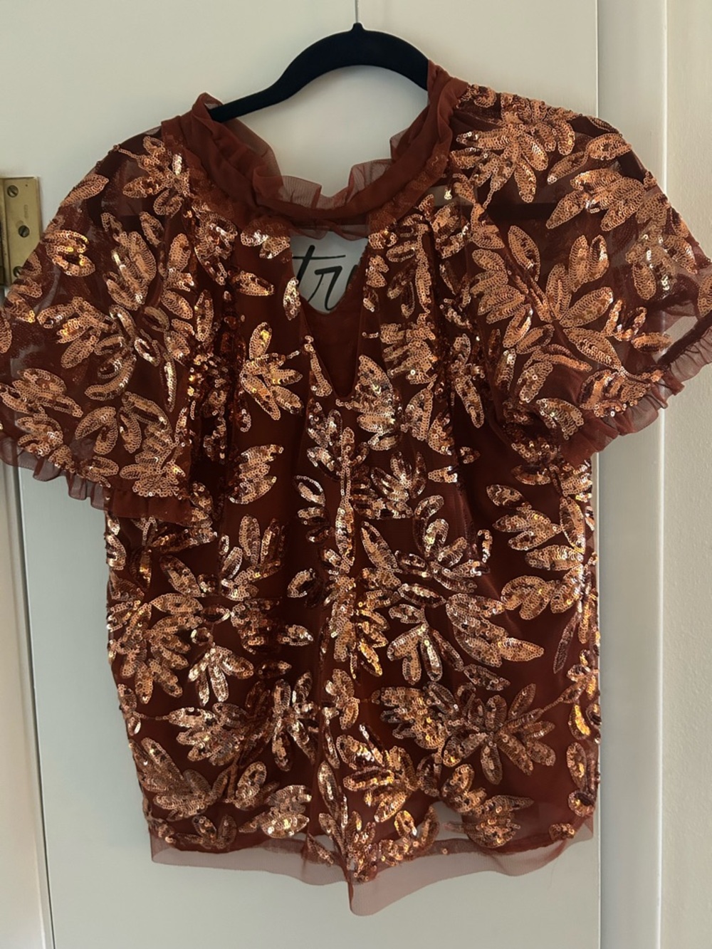 Anthropologie Copper Sequin Ruffle Sleeve Blouse